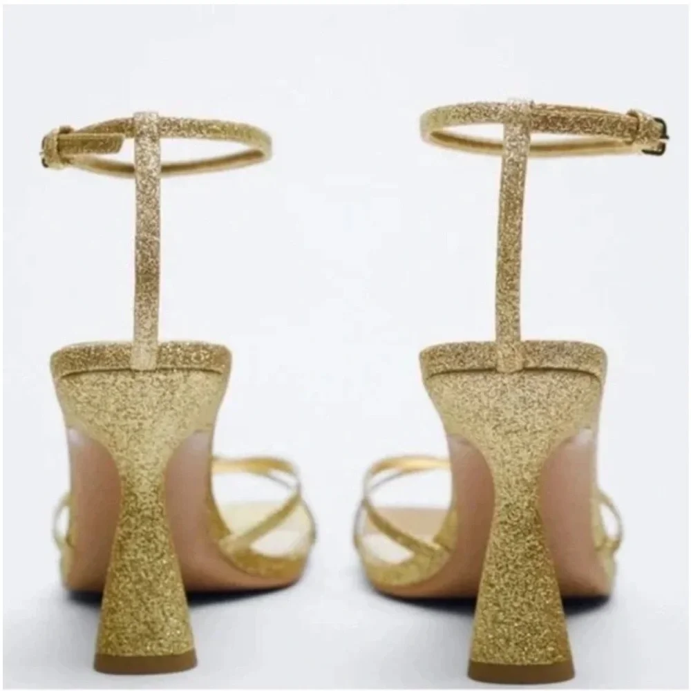 Zara Metallic Gold Cross Band Ankle Strap Sandal - Picture 5 of 8